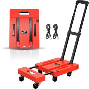 SPACEKEEPER Folding Hand Truck, 500 LB Heavy Duty Luggage Cart, Utility Dolly Platform Cart with 6 Wheels & 2 Elastic Ropes for Luggage, Travel, Moving, Shopping, Office Use, Orange