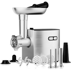 CHEFFANO Meat Grinder, Electric Meat Grinder and Sausage Maker Includes 3 Size Stainless Steel Sausage Stuffs, 2 Cutting Blades, 3 Grinder Plates, Plastic Sausage Tubes & Kubbe Kit for Home Use Silver