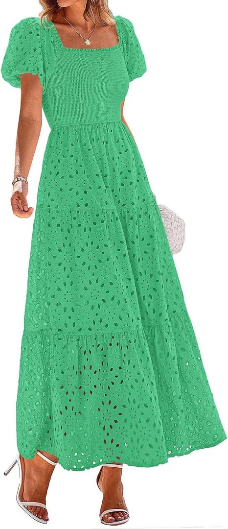 PRETTYGARDEN Womens Summer Eyelet Maxi Wedding Guest Dress | Square Neck Puff Short Sleeve Smocked Flowy Dresses, Cotton, With Pockets, Dress for Bridal Shower, Garden Party, Vacation (XXL)