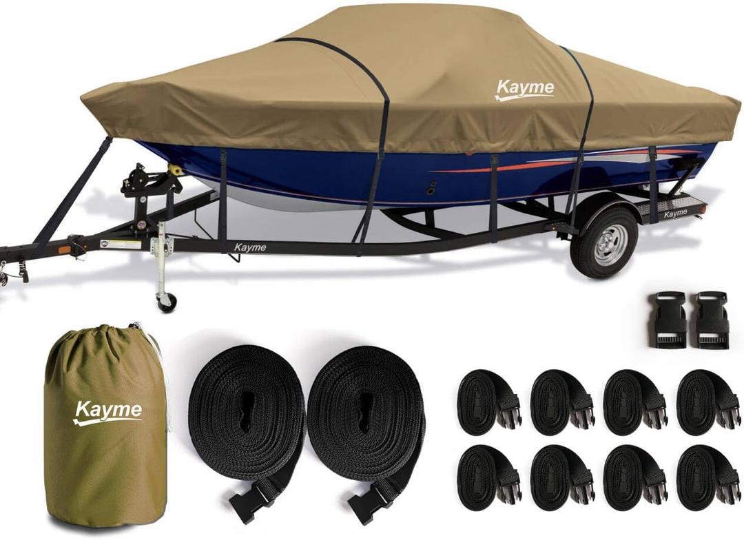 Kayme 1200D Heavy Duty Boat Cover for 17-19ft Boats - Waterproof, Tear Resistant with Reinforced Windproof Straps, Ideal for Fishing, Bass, Fish & Ski,V-Hull Boat.