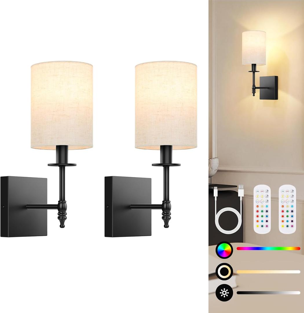 14.5 inch Battery Operated Wall Sconces Set of 2 with Remote, Rechargeable Wireless Wall Lights with Beige Fabric Shade, Indoor Not Hardwired Dimmable for Bedroom Living Room Decor