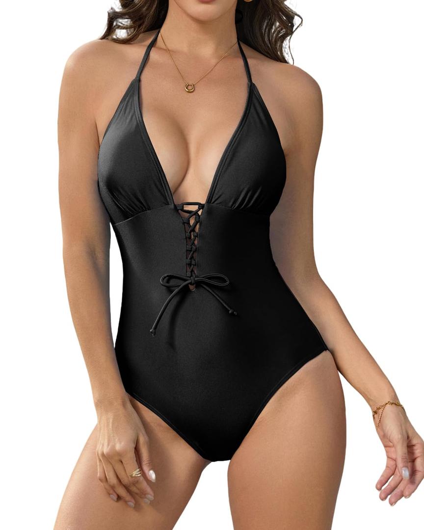 Cromi Women's Deep Halter V Neck Backless 1 Piece Swimsuit Black M (M)