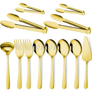 Gisly Gold 12 Pieces Serving Utensils Include Large Serving Spoons,Slotted Serving Spoons,Serving Forks,Serving Tongs,Appetizers Tongs,Soup Ladle and Pie Cake Server for Buffet Catering