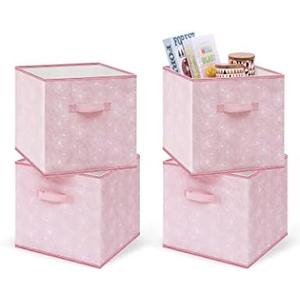 MYTHAUS Collapsible Storage Cube Bins - Fabric Cubby Organizer,Flower Decorative Shelf Basket Dual Handles,13 Inch Rosegold Box For Nursery/Home Office/Closet/Kids Room/4-Pack(Blush Pink)