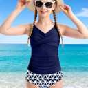 Girls Swimsuit Tankini Criss Cross Ruched 2 Piece Bathing Suit Printed Girl Swimwear for Teens  (Blue, S) 11-12Y