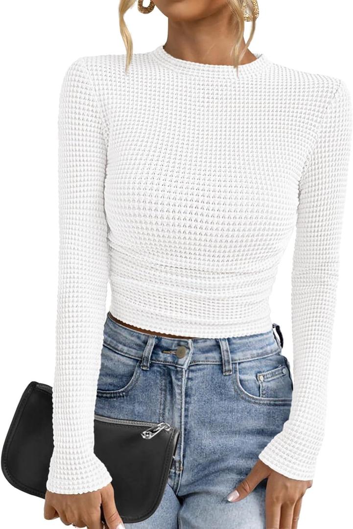 PRETTYGARDEN Womens Tops 2026 Spring Long Sleeve Fitted T Shirts Waffle Ruched Crop Shirt Basic Knit Workout Y2k Clothes, Small 