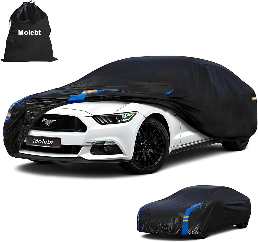 Car Cover Waterproof All Weather for Automobiles, Full Exterior Covers for Sedan & Coupe (186-193 inch) Universal Fit for Ford Mustang, Chevy Camaro Corvette etc. Rain Sun Snow Protection. (Black-Blue)