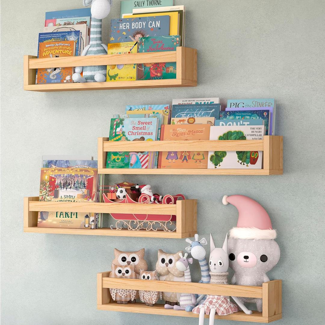 NATURE SUPPLIES Set of 4, 23.1 Inch Floating Shelves for Wall, Kids Bookshelf for Bedroom, Nursery Storage for Books, Wooden Wall Shelves for Nursery Decor, Natural Wood