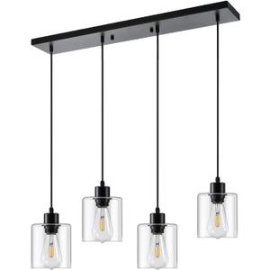 4-Light Kitchen Island Lighting, Black Pendant Light Fixture, Farmhouse Dining Room Light Fixtures Over Table, Modern Hanging Light Fixtures with Clear Glass, E26 Base, Bulbs Not Included