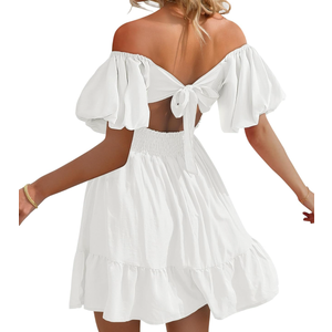 Phortric Womens Summer Tie Back Dress Square Neck Lantern Sleeve Off Shoulder Casual Mini Dresses, L