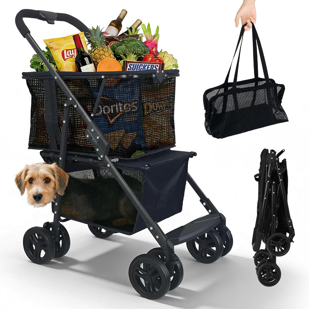 Folding Shopping Cart & Pet110lbs 2-in-1 Personal Cart with Removable Basket & Lower Dogs StrollerSingle-Hand Fold, Collapsible Utility Trolley Cart for Groceries, Laundry, Camping & Pet Traveling