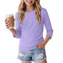 LessonZoo Girls 3/4 Sleeve Crewneck T Shirt, Light Purple, 9-10y (Purple)