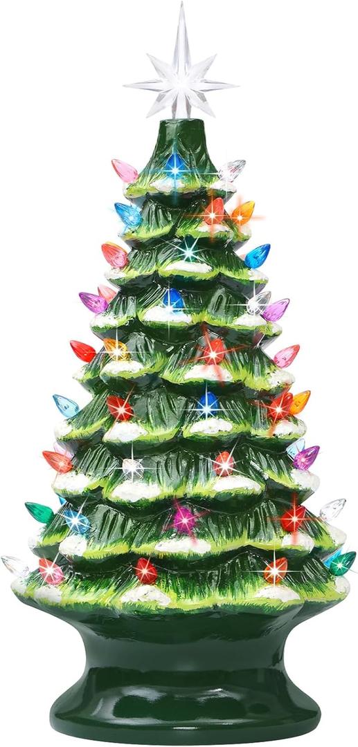 Lakumu 16.5" Table Top Christmas Tree, Hand Painted Resin Christmas Tree with Lights, Pre-lit Xmas Tree Decor Lighted Tabletop Decoration with Multicolored LED Bulbs, Ceramic-Like Finish (Snow Flocked)