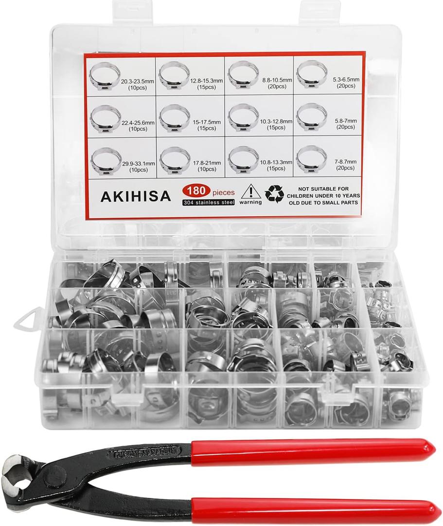 AKIHISA 180 PCS Single Ear Hose Clamps, 12 Sizes 5.3-33.1mm Crimp Hose Clamps with Ear Clamps Pincer, 304 Stainless Steel Crimp Pinch Fitting Tools Kit