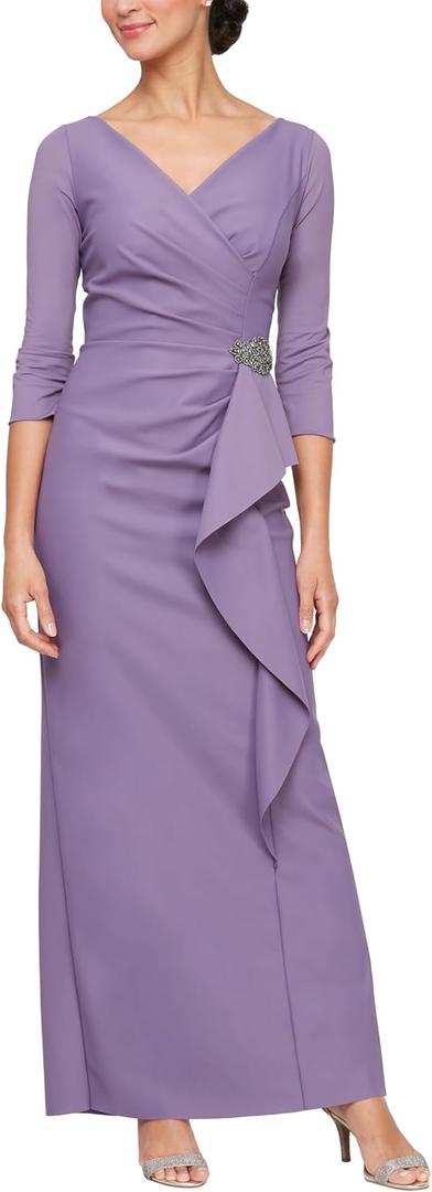 Alex Evenings Women's Slimming Long Length ¾ Sleeve Mother of The Bride Dress with Cascade Ruffle Skirt and Side Ruching (Purple, L)