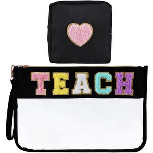 2Pcs Chenille Letter Bags, Clear Makeup Bag Cosmetic Pouch with Zipper, Multi-purpose Nylon Travel Toiletry Storage Bag for Women Girls (Black-Teach)