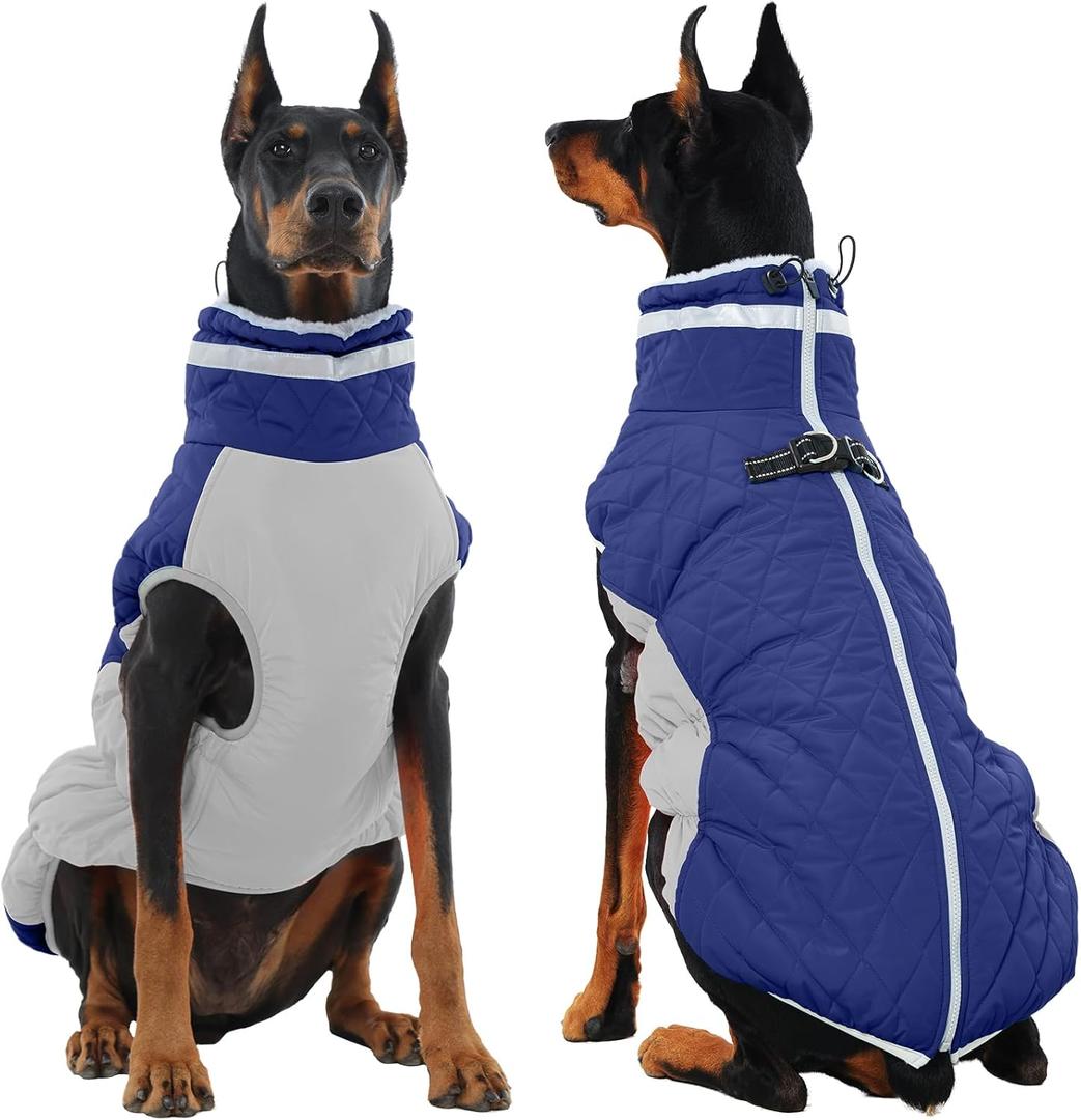 OUOBOB Dog Jackets for Large Dogs, Large Dog Winter Coat, Pet Cold Weather Coats, XXXL Pet Jacket with D-Ring, Waterproof Coat with Back Zipper, Snowsuit Labrador German Shepherd Doberman, Blue, XXXL