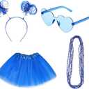 4th of July Tutu Costume Set American Patriotic Pom Pom Headband Layered Tulle Heart Sunglasses Necklaces for Women (Small, Blue)