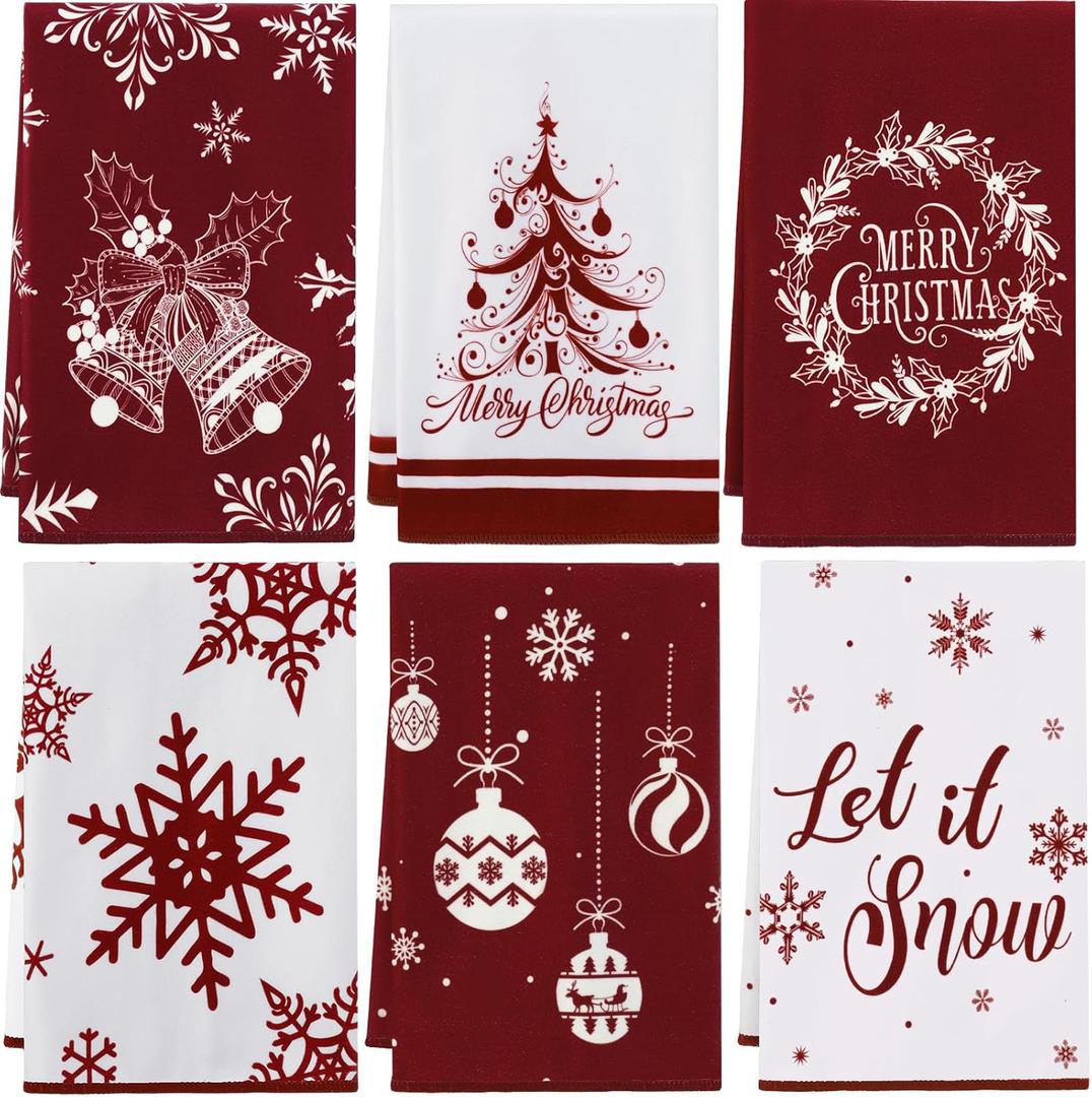 Tatuo 6 Pcs Christmas Kitchen Towels Snowflake Merry Christmas Tree Bell Dish Towels Winter Holiday Hand Towels Absorbent Dishcloths Farmhouse Christmas Decor Gift for Home Bathroom Cleaning(Red)