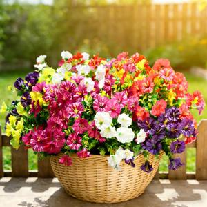 BSGlobal 12 Bundles Artificial Flowers for Outdoors Decoration, Faux Silk Morning Glory Flowers UV Resistant Fake Eucalyptus Plants for Spring Summer Garden Patio Home Decor (Mix) (6 Mixed Colors)