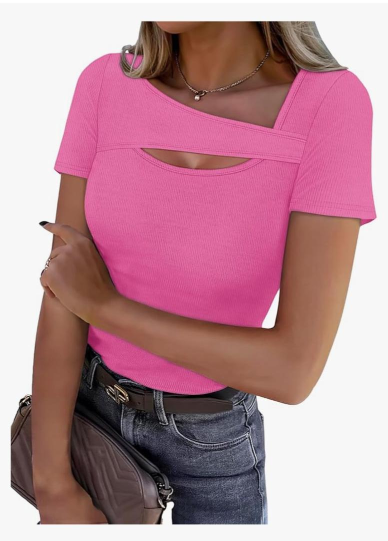 XIEERDUO Womens Summer Tops Short Sleeve Shirts for Women Sexy Tops Y2K Shirts One Piece Cutout Tops, Large