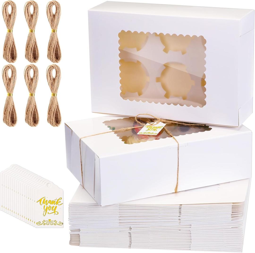 36 Pack Cupcake Boxes Hold 6 Count Disposable Cupcake Containers with Window and Cake Carrier with Thanks Card and Jute Rope to Muffins Cupcakes Cookies Gift Wrapping(White)
