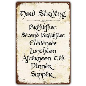 Vintage Style Funny Tin Sign, Second Breakfast Kitchen Sign, Gift for LOTR Fans, Metal Signage, 8x12 Inches (Now Serving)