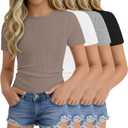 4 Pack Girls' Short Sleeve Shirts Ribbed Knit Crew Neck Tops Slim Fit Casual T-Shirt Kids Summer Basic Tees 5-14Y (11-12 Years, Black, White, Light Gray, Khaki)