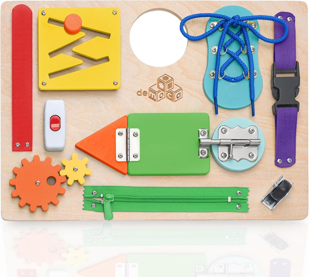 deMoca Sensory Busy Board for Toddlers, Premium Wooden Toddler Busy Board for 1 2 3 Year Old with 10 Educational Activities for Fine Motor Skills, Fidget Activity Toy for Travel (Multicolored - Large)