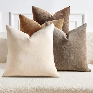 Pack of 4 Throw Pillow Covers 18x18 Inch Chenille Textured Neutral Brown Soft Pillow Covers Solid Decorative Farmhouse Cushion Covers Home Boho Western Decor for Couch Sofa Bed Living Room