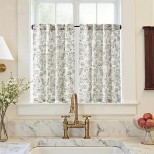 jinchan Small Window Curtains 36 Inch Linen Floral Curtain Set for Kitchen Bathroom Cafe Curtains Light Filtering Window Treatment Farmhouse Cottagecore Back Tab Drapes 2 Panels Grey on Beige