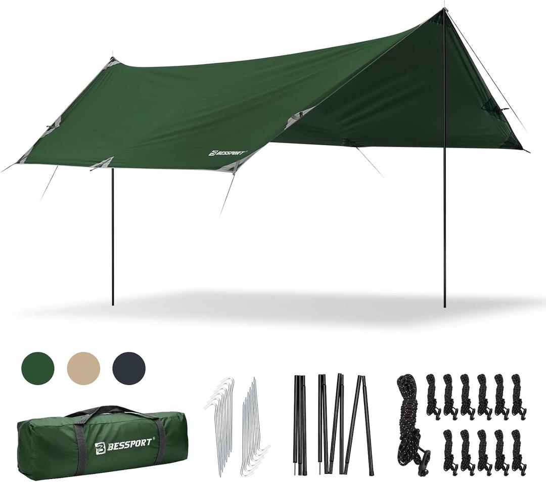 Bessport Camping Tarp, 16×9.8FT with 2 Poles, Lightweight Car Awning Sunshade, Portable Multifunctional Backpacking, PU 3000mm Waterproof Rain Fly Hammock Tarp for Outdoor,Traveling, Hilking