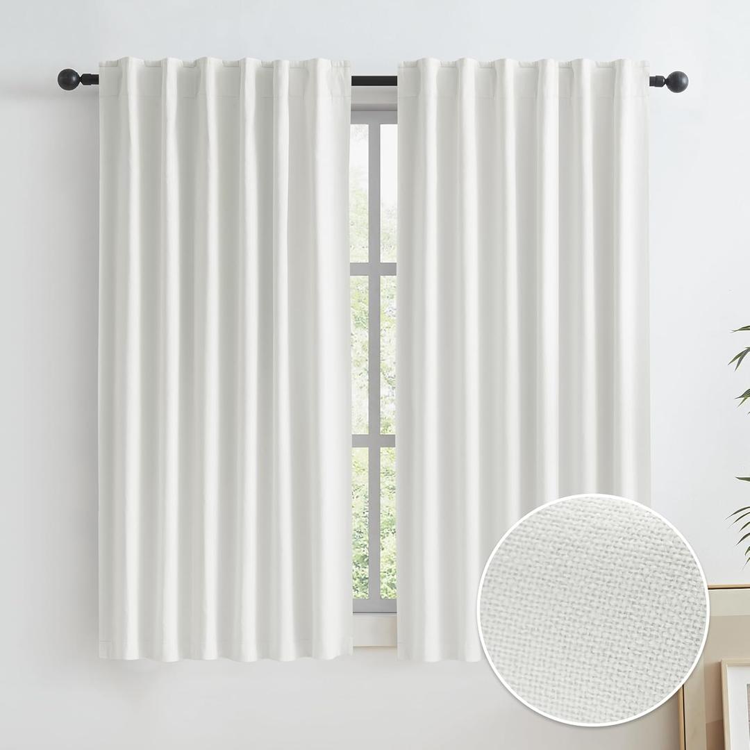 Cream Color Blackout Curtains for Bedroom 63 Inch, 100% Blackout Linen Curtains Noise Reduction Heat Blocking Window Panels for Nursery 50 by 63 Inch 2 Panels Back Tab/Rod Pocket/Hook Belt (Natural)