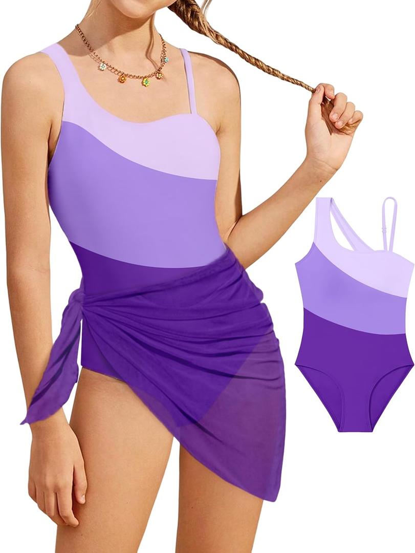 Girl's One Piece Swimsuits Color Block Cutout One Shoulder Bathing Suit with Mesh Cover Up 1 Piece Swimsuit Swimwear (7-8 Years, Purple)