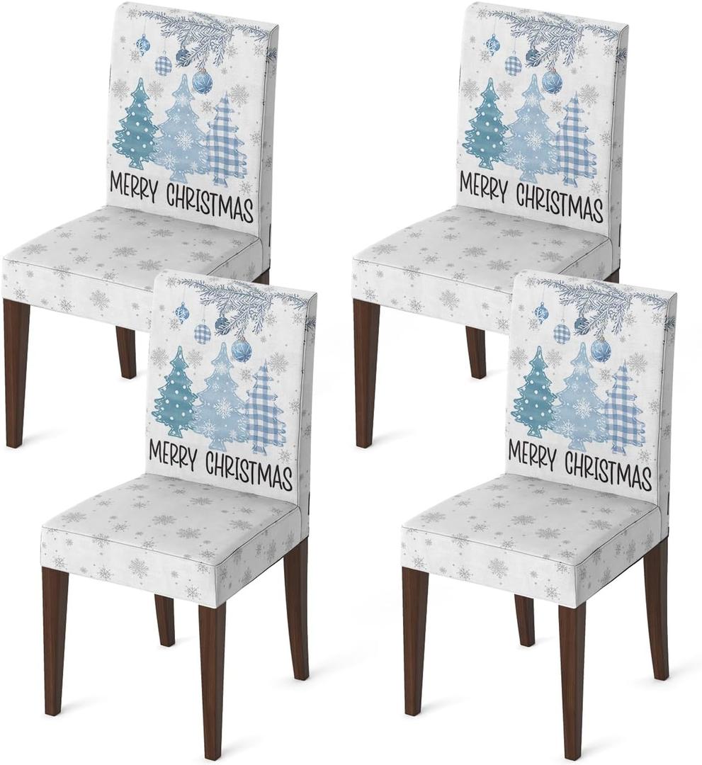 Horaldaily 4PCS Christmas Dining Chair Covers, Blue Pine Trees Stretch Removable Washable Slipcover Chair Protector for Dining Room Home Decor