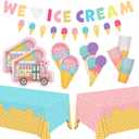 Ice Cream Party Supplies Kit for 24: Ultimate Bundle with Vibrant Paper Plates, Napkins, Cups, Tablecloth & Banner - Ice Cream Birthday Party Decorations