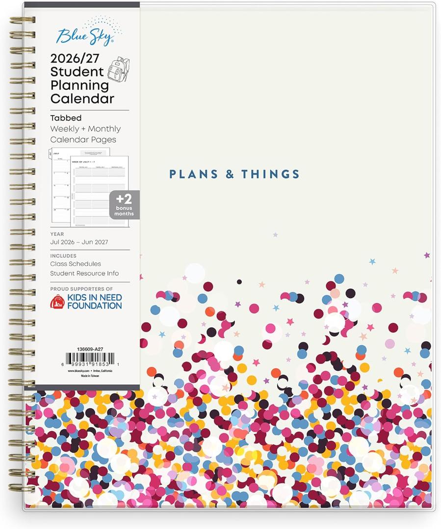 Blue Sky 2026-2027 Weekly and Monthly Academic Year Student Planner Calendar, July 2026 - June 2027, 8.5" x 11", Flexible Cover, Wirebound, Laminated Tabs, Star Confetti Bright