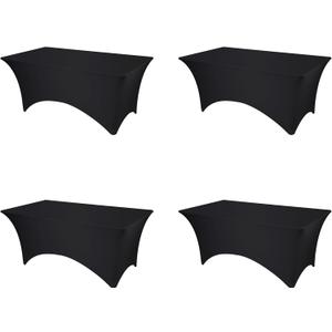 BRILLMAX 4 Pack Black Fitted Spandex Table Covers - 6ft Stretch Tablecloths for 6 Foot Rectangle Folding Cloths Rectangular Bulk Linen Fabric Elastic for Wedding Reception Banquet Birthday Party