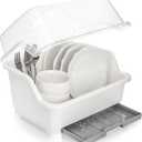 Dish Drying Rack, Plastic Plate Cup Dryer Holder with Lid Removable Drainboard, Cutlery Utensil Dish Nursing Bottle Organizer for Tableware, Kitchen Cabinet
