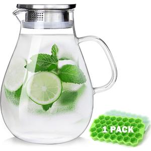 88OZ Glass pitcher with lid and Spout，High Heat Resistance Pitcher water jug for Hot/Cold Water & Iced Tea Wine Coffee Milk and Juice Beverage Carafe with Ice Tray (2.6L)