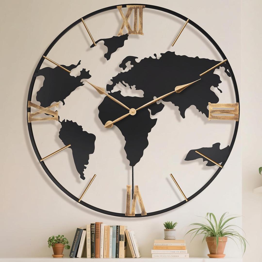 Pytha Sight 36 Inch Oversized Giant Extra Large Modern Decorative Metal World Map Wall Clock,Big Vintage Gold Roman Numeral Wall Clocks for Living Room,Entryway,Office,Fireplace,Dining Room