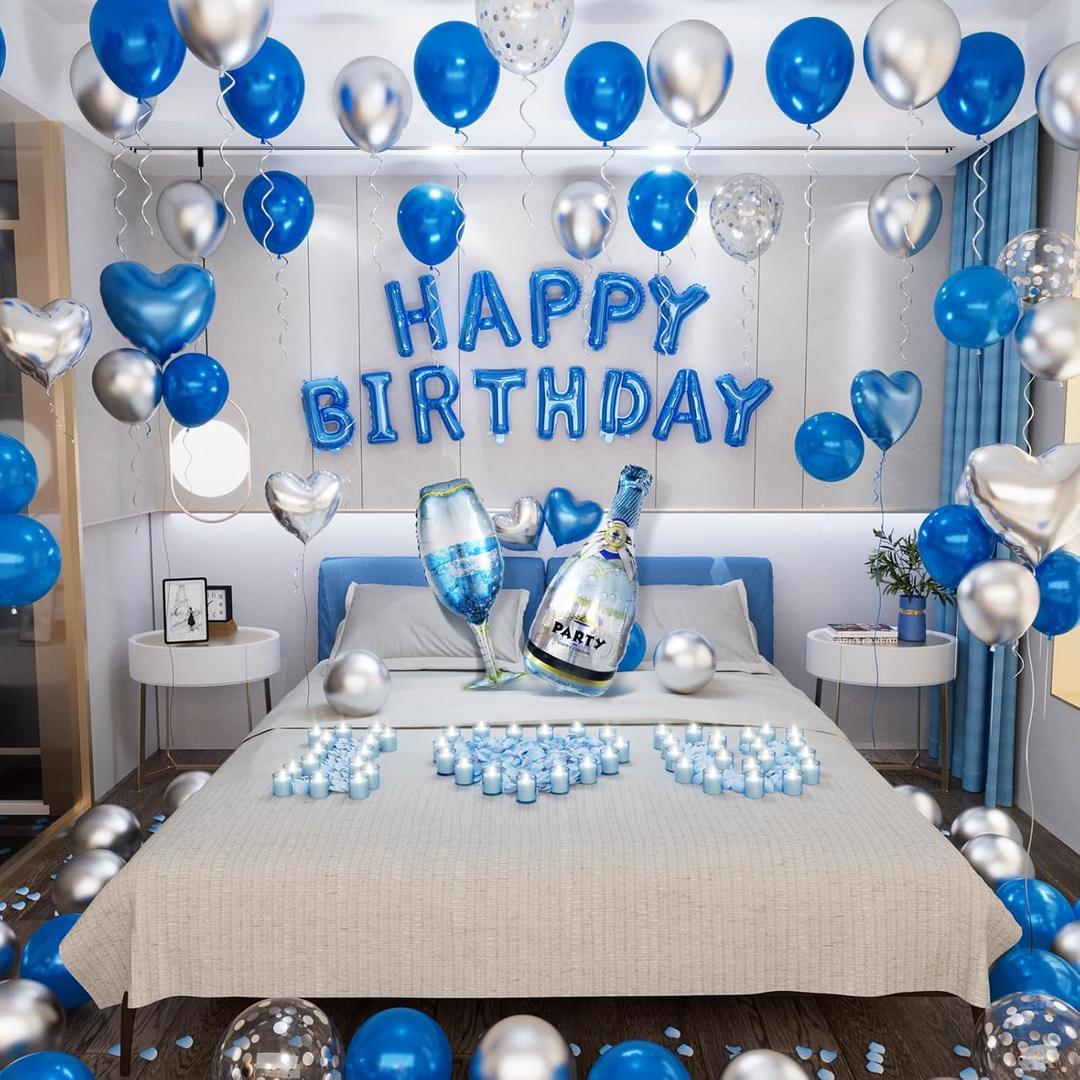 Blue Happy Birthday Decorations for Men Blue and Silver Biirthday Balloon Letters Banner with Heart-Shaped Champagne Bottle Glass Balloons Rose Petals for Room Birthday Party Decor