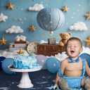 Hot Air Balloon Cloud Bear Travel Baby Birthday Backdrop Newborn Baby Blue Birthday Background Party Decoration for Boys Girls 12x8ft