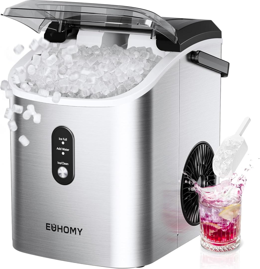 EUHOMY Nugget Ice Maker Countertop with Handle, Ready in 6 Mins, 34lbs Per Day, Removable Top Cover, Auto-Cleaning, Portable Sonic Ice Maker with Basket and Scoop, for Home/Party/RV/Camping (Silver) (Steel Light Silver)