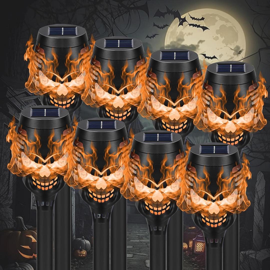 Solar Halloween Decorations Outdoor, 8 Pack Spooky Skulls Solar Torch Flame Lights, Waterproof Pathway Halloween Lights for Garden, Yard, Lawn, Porch, Landscape Decor, Orange