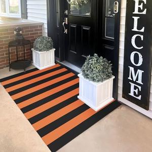KILOCOCO Halloween Doormat 3'x5' Striped Outdoor Orange Rugs for Thanksgiving Washable Fall Doormats Layered Front Door Rug for Porch Farmhouse Entryway Patio Kitchen Entrance Holiday Decor