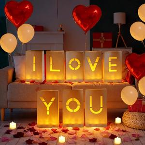 I Love You Light Up Letters, Luminary Paper Bags with LED Tea Lights Rose Petals Latex Heart Balloons for Her Valentines' Day Anniversary Wedding Proposal Decorations