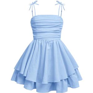 RoseSeek Girl's Flowy Cami Dress Ruched Sleeveless Pink Layered Ruffle Kawaii Short Smocked Summer Dresses (Light Blue, 8 Years)