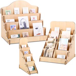 3 Pcs 4 Tiered Greeting Card Display Stand Sticker Display Stand for Vendors Wooden Collector Card Rack Wood Holder for Postcard Photos Bookmark Trade Shows Retail Counter, 3 Sizes(Brown)