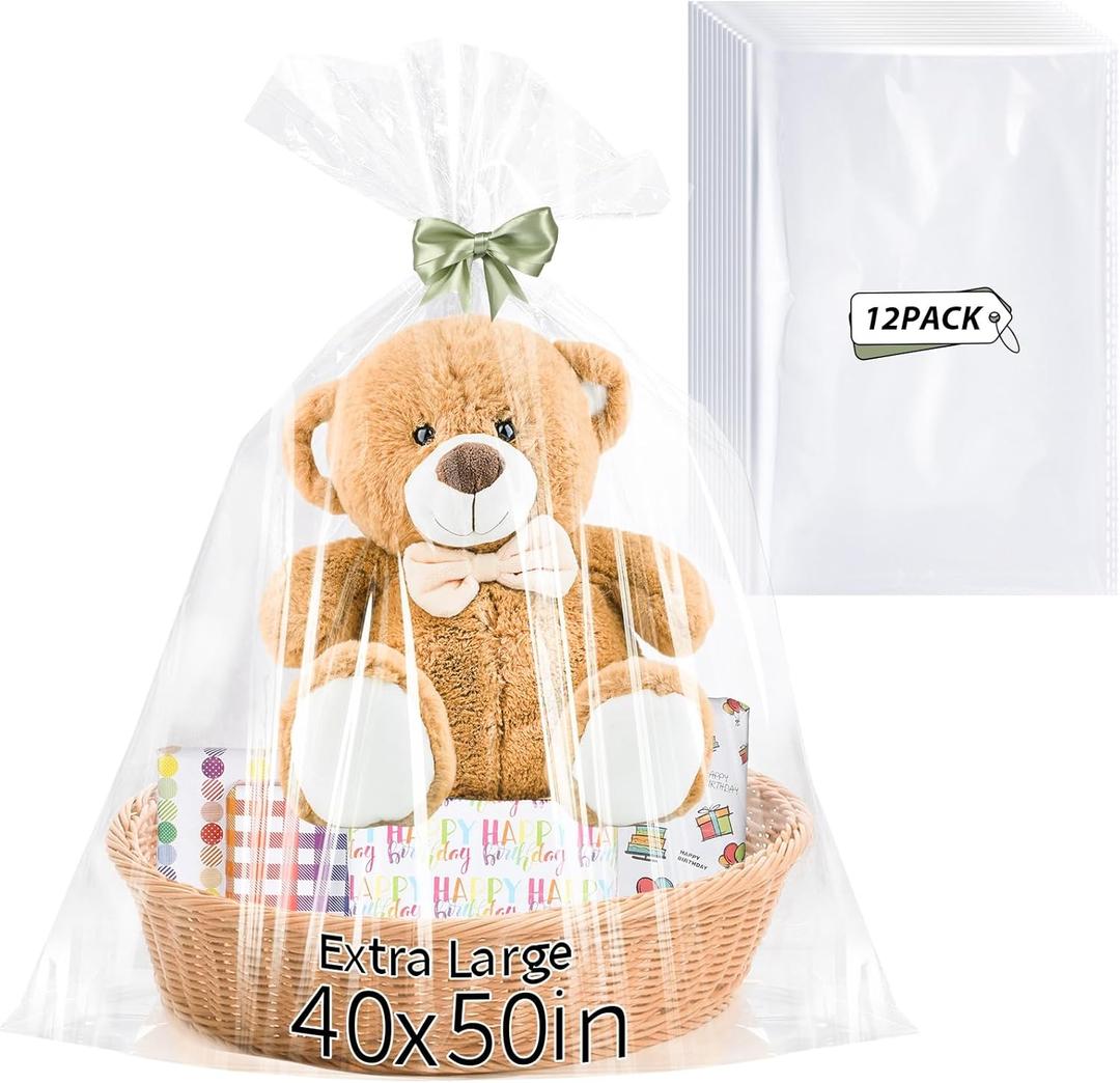 12PCS Extra Large Cellophane Bags 40x50 Inch Clear Gift Bags Cellophane Wrap for Gift Baskets Graduation Gifts Stuffers Baby Shower Wedding Beach Party favor Birthday 2.5 Mil Thick